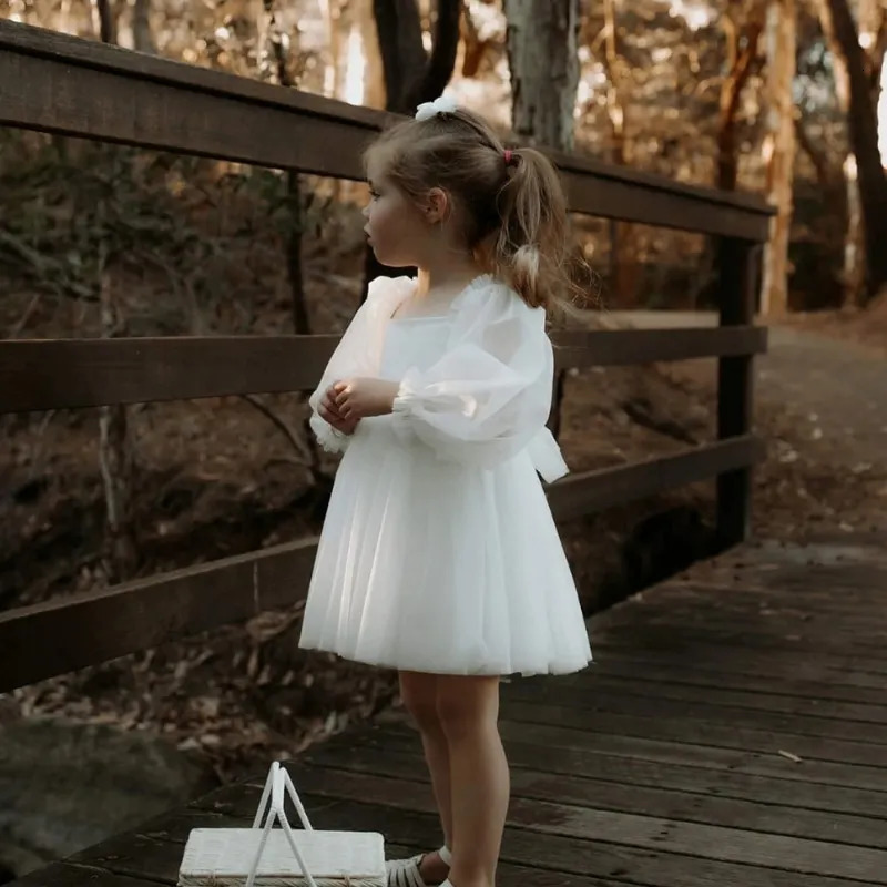 Baby Girl Princess Mesh Tutu Dress White Infant Toddler Child Long Sleeve Tulle Vestido Wedding Birthday Party Baby Clothes 2-6Y 250220