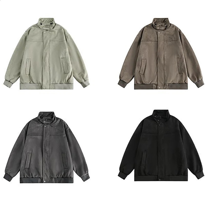 Chamois Mens Bomber Jacket Japanese Solid Color Winter Baseball Leather Jackets Male Coat Return Stand Collar Hunting 250218