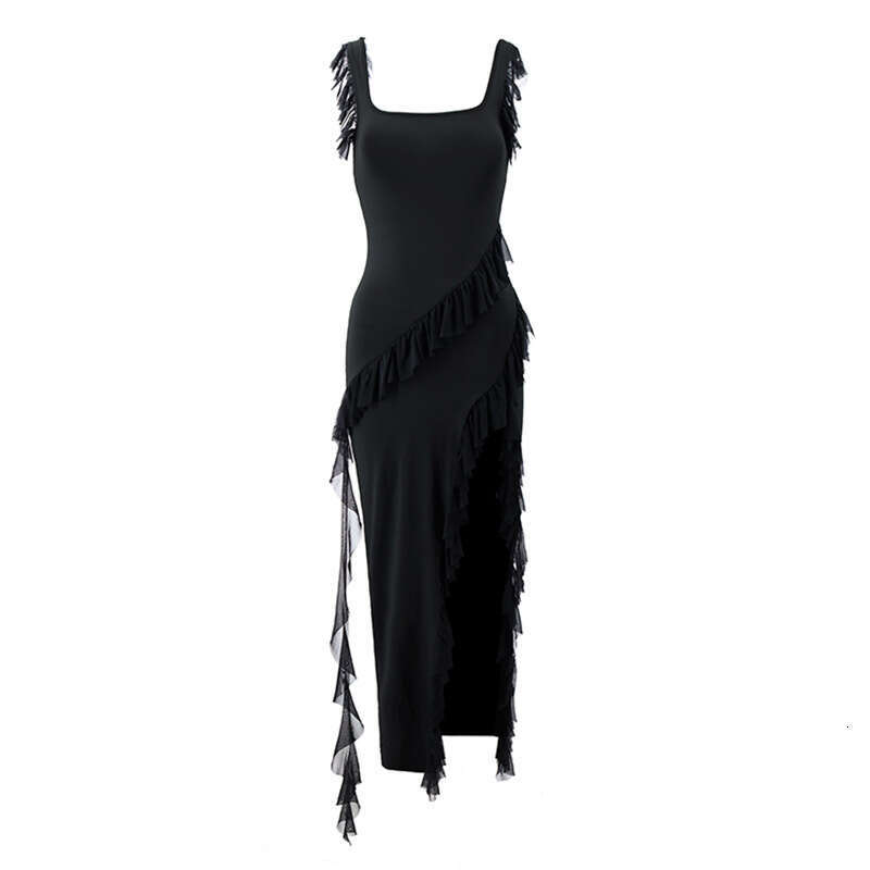 European American style sexy hot girl summer women's dress with suspender, square neck, fungus edge, side slit, solid color dress, 2025 new style