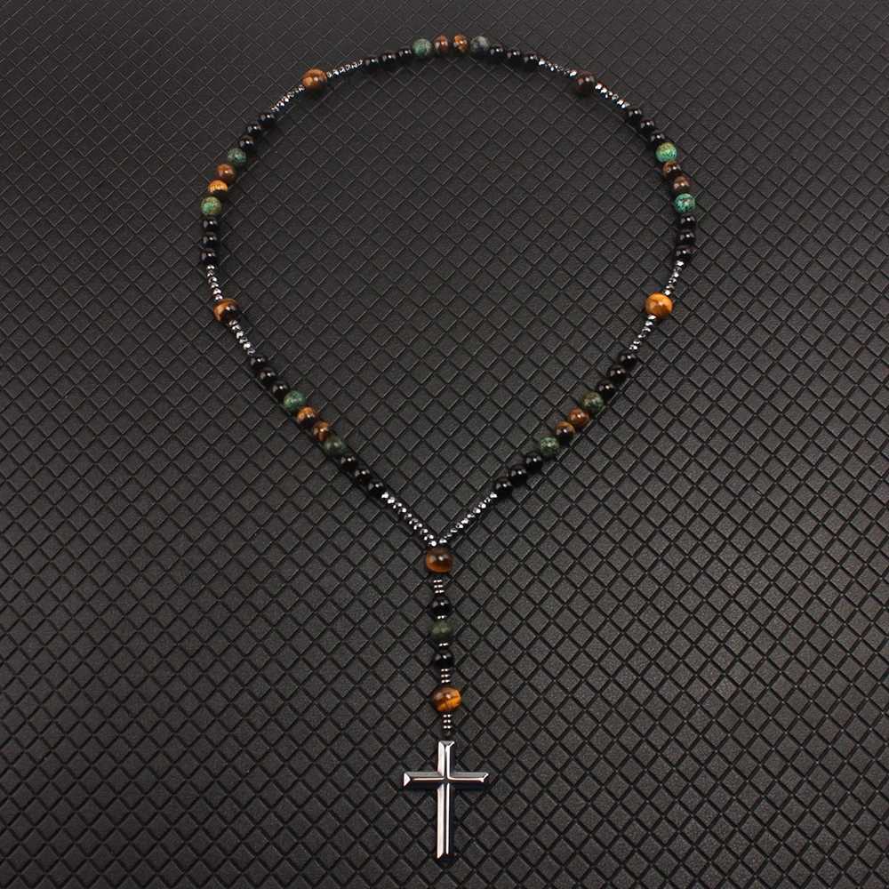 Natural Stone Africa Turquoise and Tiger-eye Beads Cross Pendant Necklace Rosary for Men and WomenXJ250219