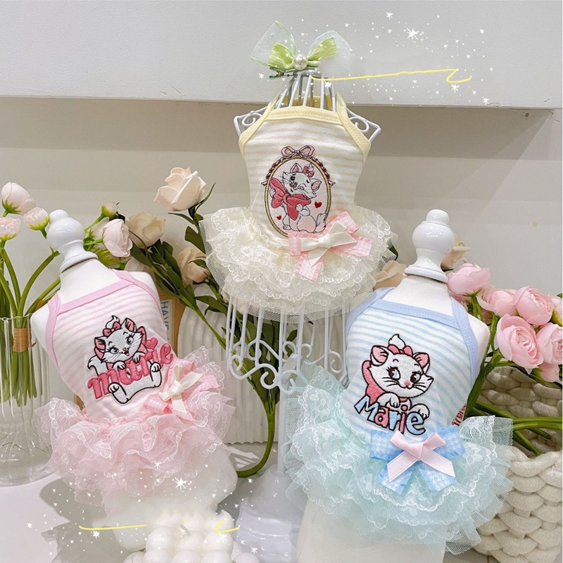 Summer Cute Cat Dog Dresses with Large Bow Decoration Floral Lace Trimem Broidery Cotton Puppy Clothes Perfect for Yorkshire Terrier, Teddy and Small 