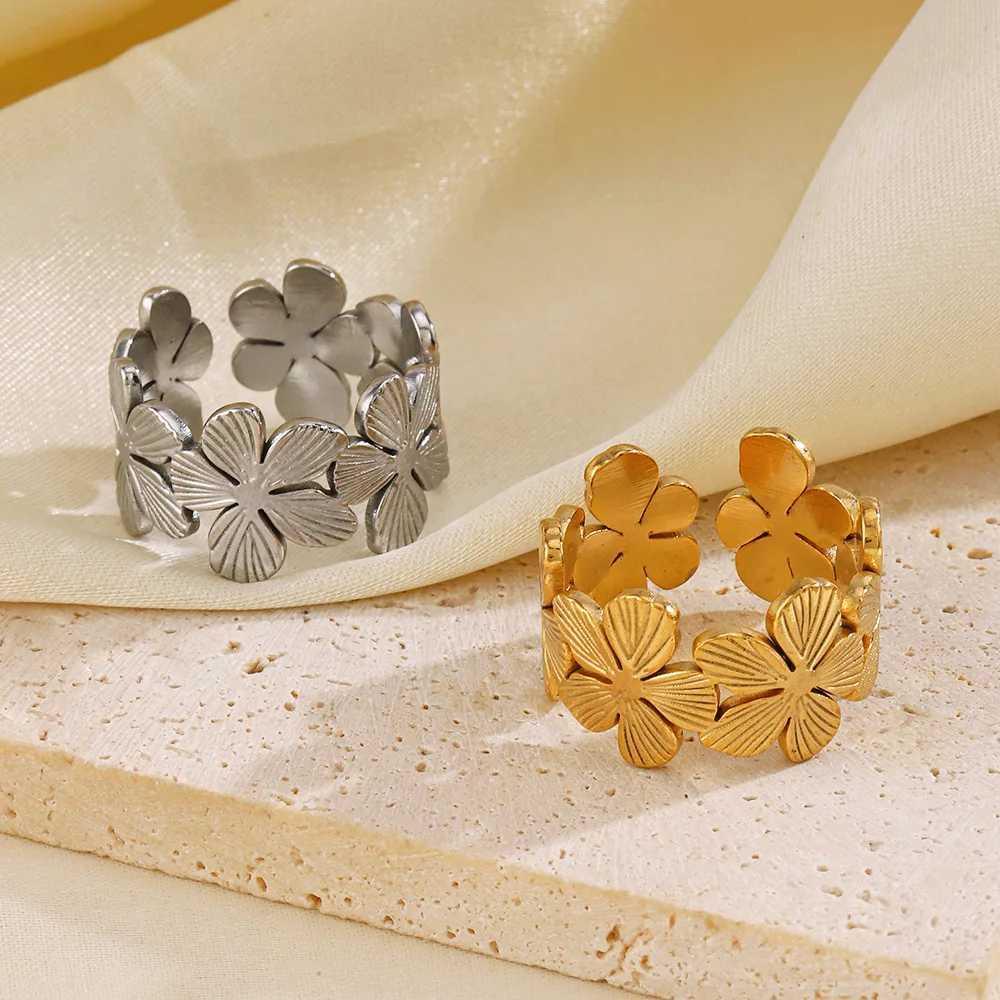 Stainless Steel Flower Adjustable Opening Rings 18k Gold PVD Plated Waterproof Finger Jewelry For Wen Wedding Exquisite Gifts X250220
