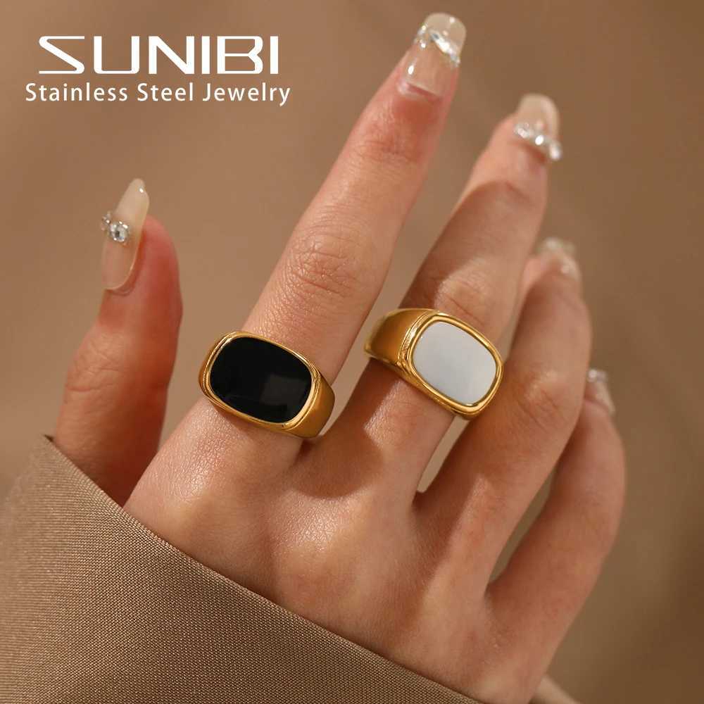 SUNIBI Square Vintage Shell Ladies Ring Stainless Steel White Gold Color Large Chunky Ring Party Jewelry Accessories Gift Dinner X250220