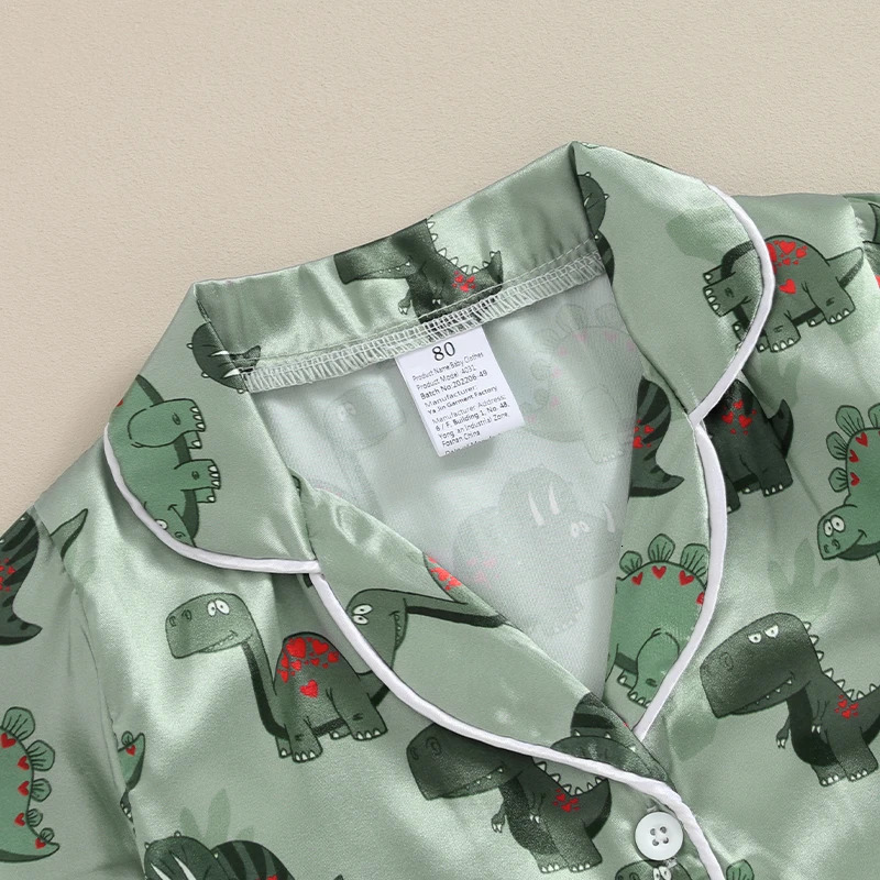 Kids Boys Summer Pajama Outfits Dinosaur Print Turn-Down Collar Short Sleeve Shirts and Elastic Waist Shorts 2 Pieces Sleepwear 250219