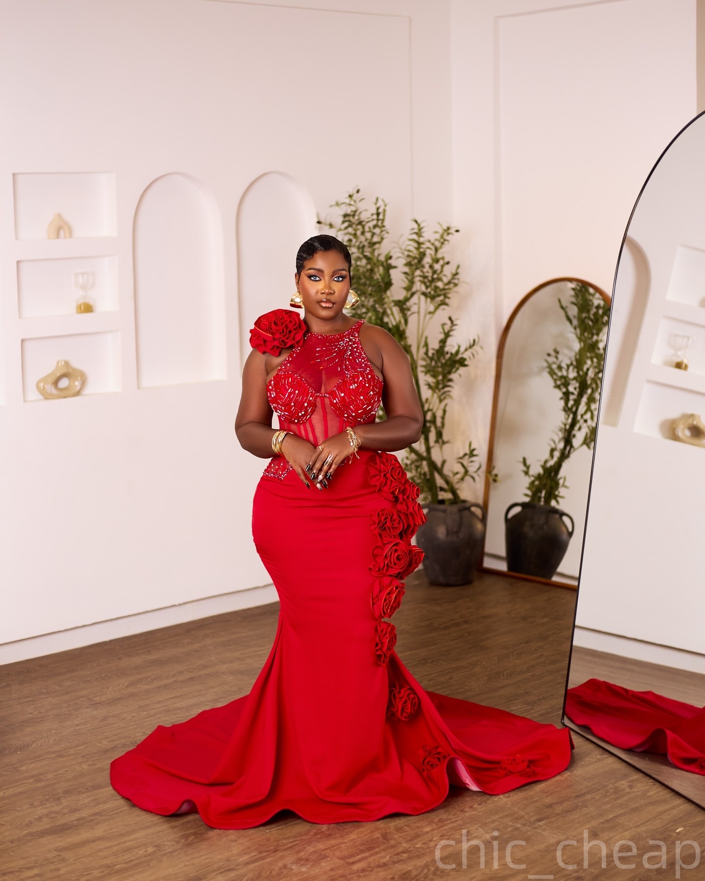 Red Mermaid Prom Dresses 2025 Flowers Beaded Satin Sheer Neck Evening Formal Party Second Birthday Engagement Gowns Plus Size Dress For Special Occasi
