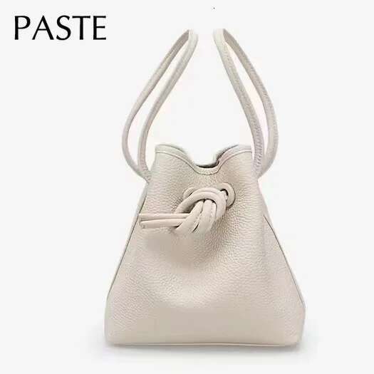 Stylish String Close Tote Small 100% Natural Cow Leather Women's Hand Denim Blue Beige High Quality Ladies Shoulder Bag