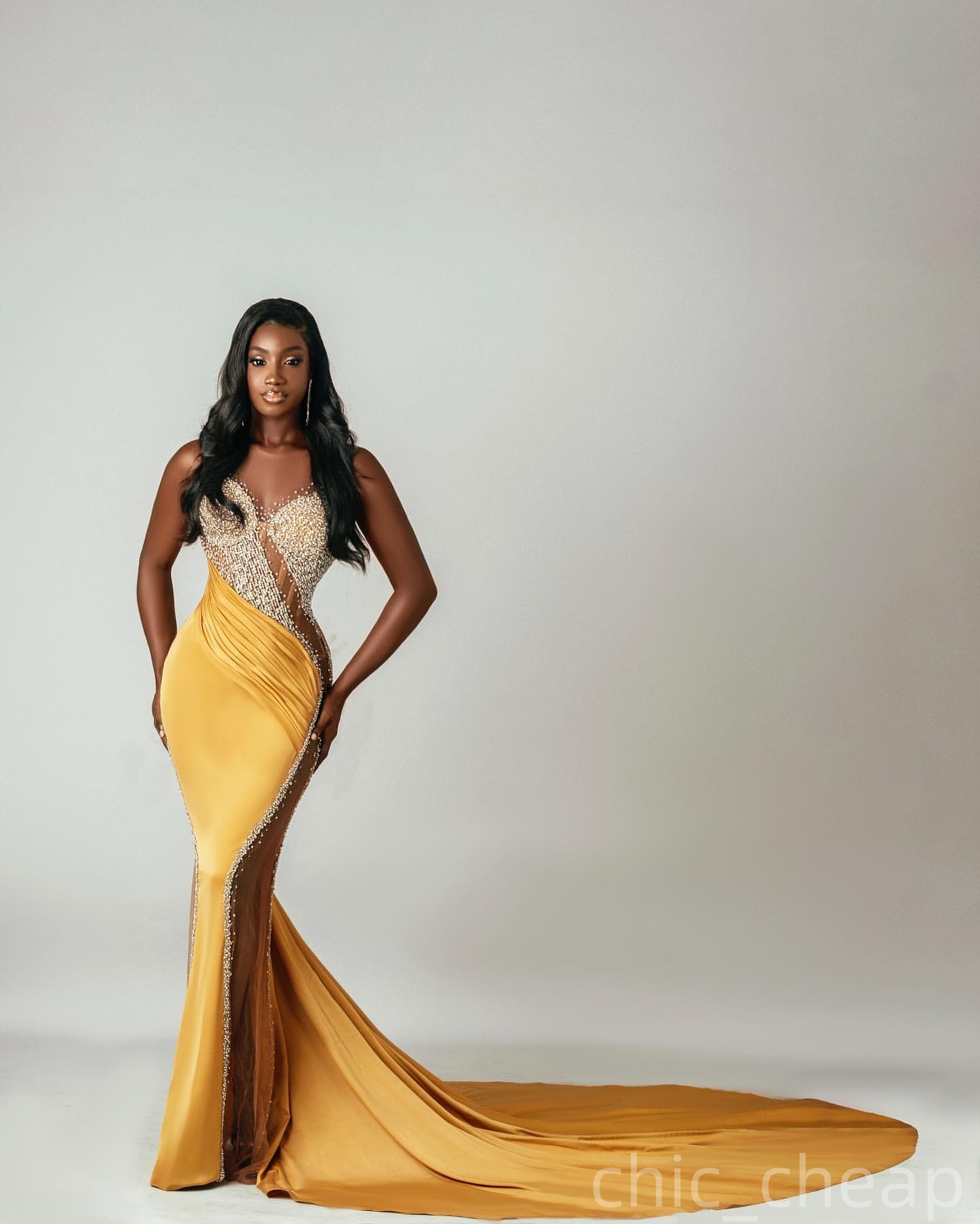 Yellow Illusion Mermaid Prom Dresses 2025 Satin Beaded Sheer Neck Evening Formal Party Second Birthday Engagement Gowns Plus Size Dress For Special Oc
