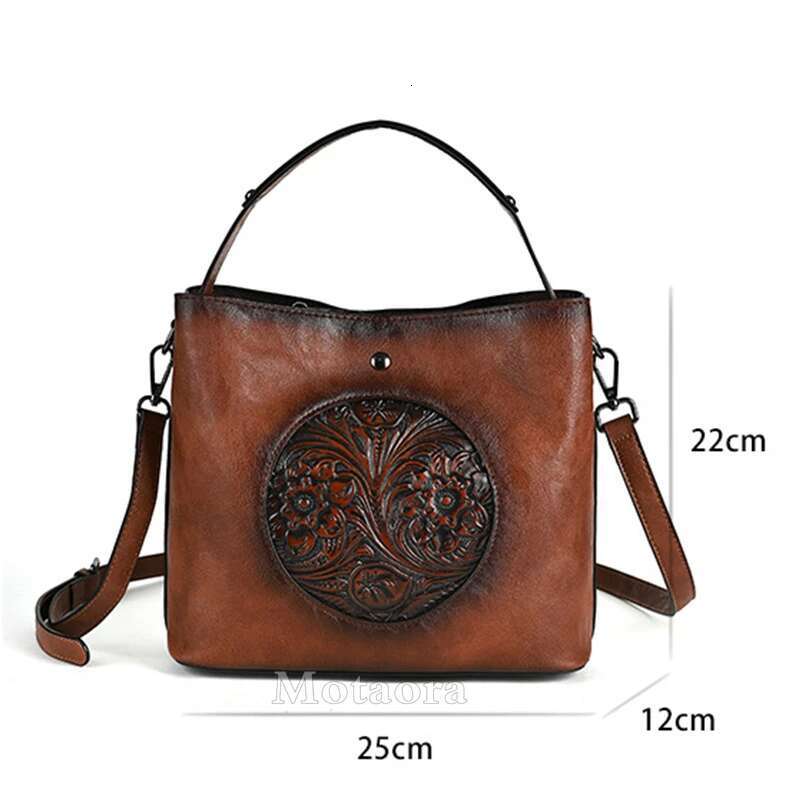 MOTAORA New Vintage Chinese Style Women's Shoulder Bag Emed Handmade Leather Crossbody Bucket Bags Mother's Handbag Purse