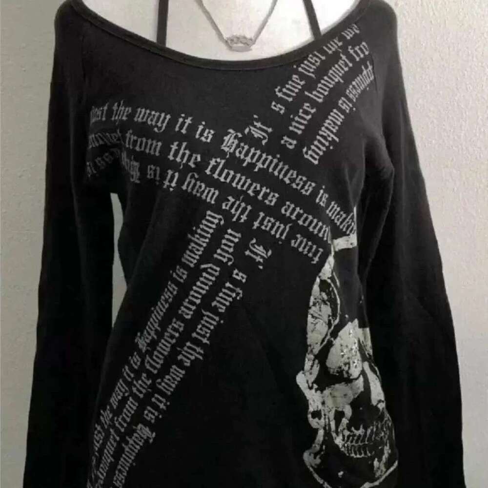 Y2K Emo women's Korean streetwear long sleeved Acubi Fairycore T-shirt skull print T-shirt gothic punk oversized top 2000s Alt clothing
