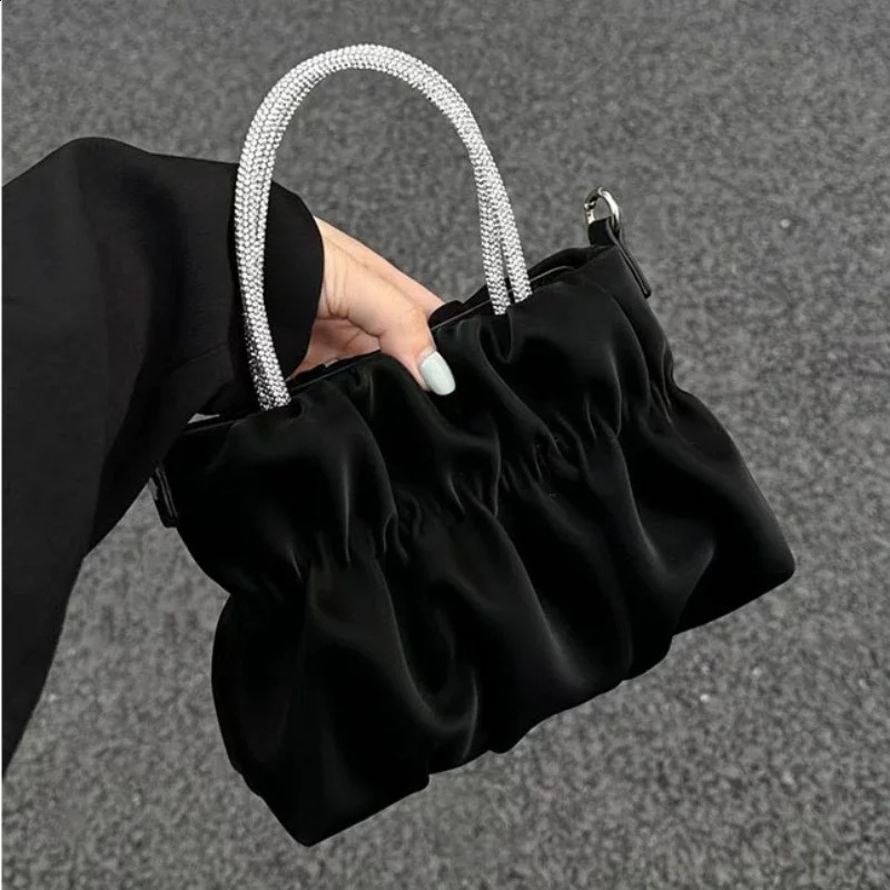 Rhinestone Portable Shoulder Bag Female Summer Ladies Party Pleated Cloud Chain Crossbody Solid Color Evening Bags 250218