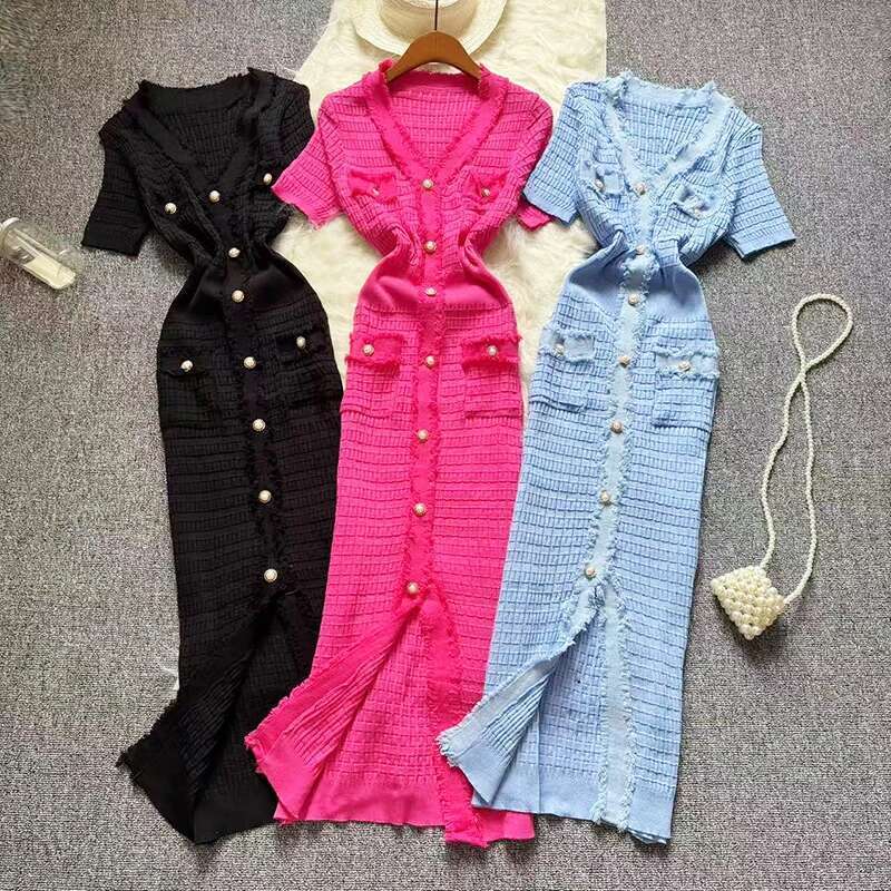 2025 New Summer Arrival Women Knitted Maxi Long Elegant V-neck Single-breasted Split Sweater Dress Office Lady Vestidos