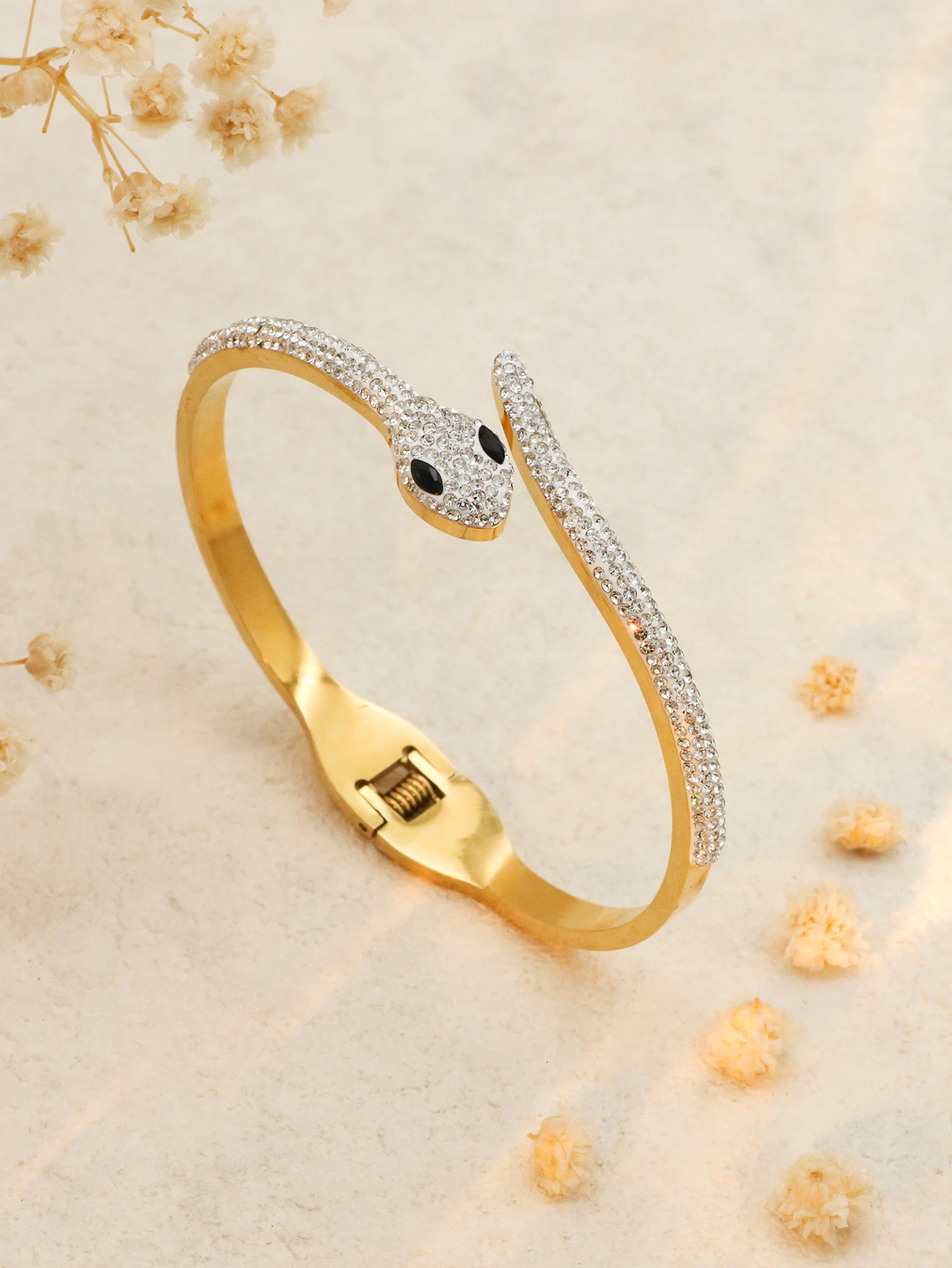 1 Piece Stainless Steel Zircon Snake Shaped Bracelet Jewelry Women Non Tarnish Snake Cuff Head Shape Bangles Party Gifts 250220