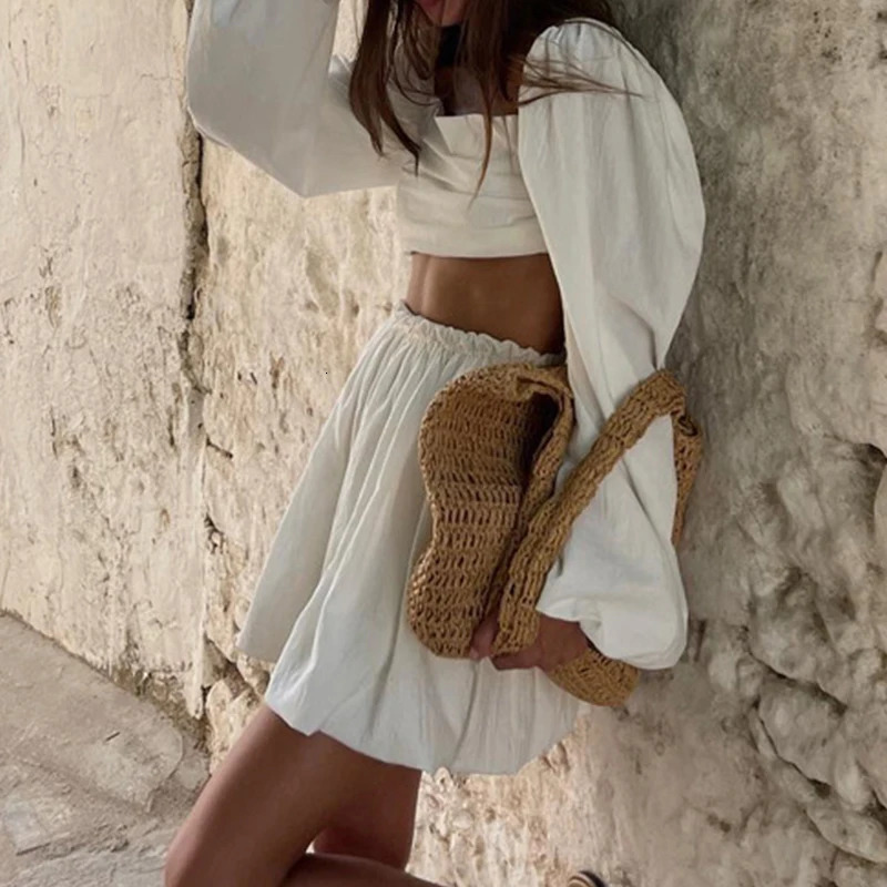 Summer Elastic High Waist Mini Skirt Suit Ladies Sexy Ruffle Slim Beach Outfits All Match Lantern Sleeve Holiday Set 2Pcs 250220