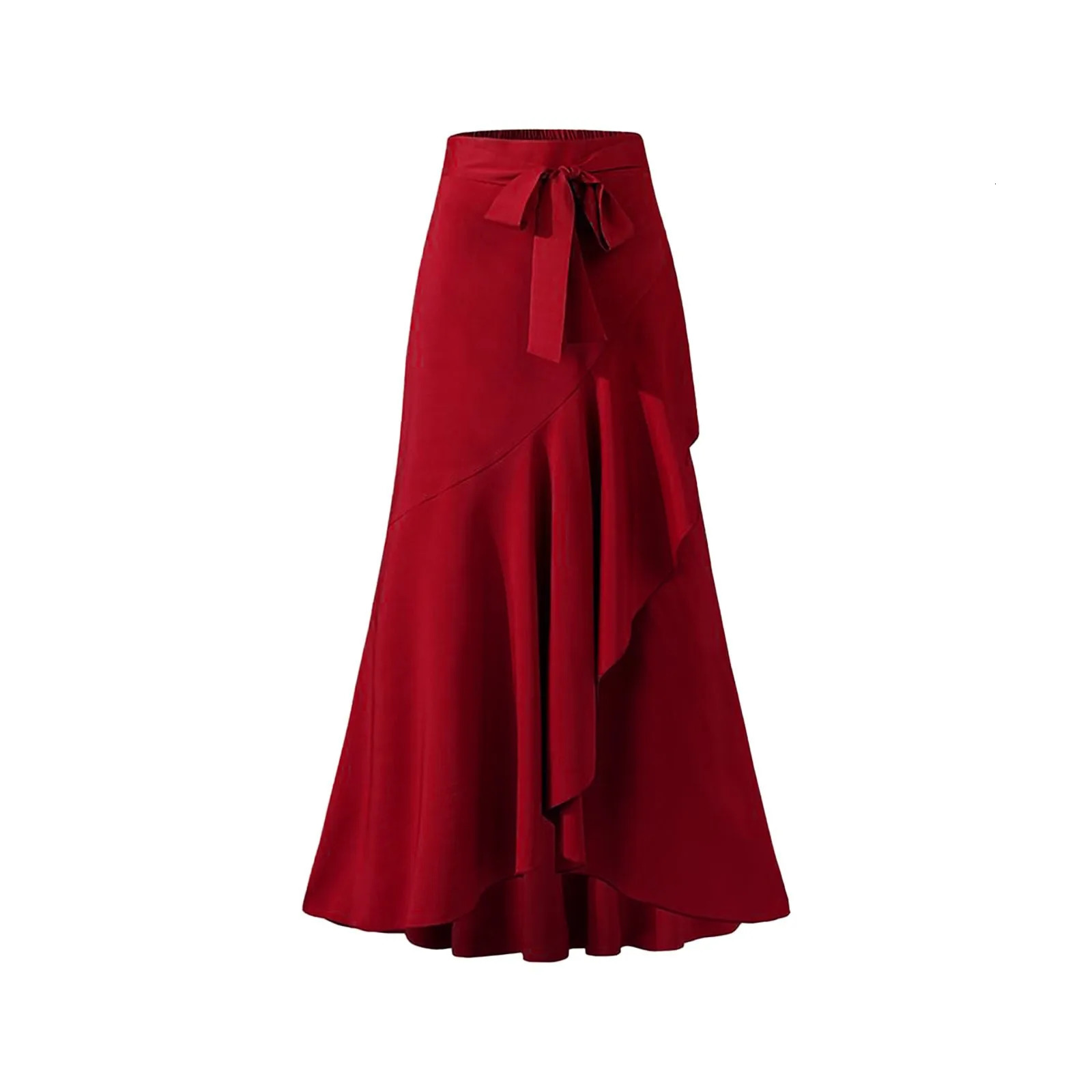 Womens Irregular Ruffle Hem Wrapped Hip Fishtail Skirt Solid Color High Waist Lace Up Elegant Lady Office Work Swing Party 250220