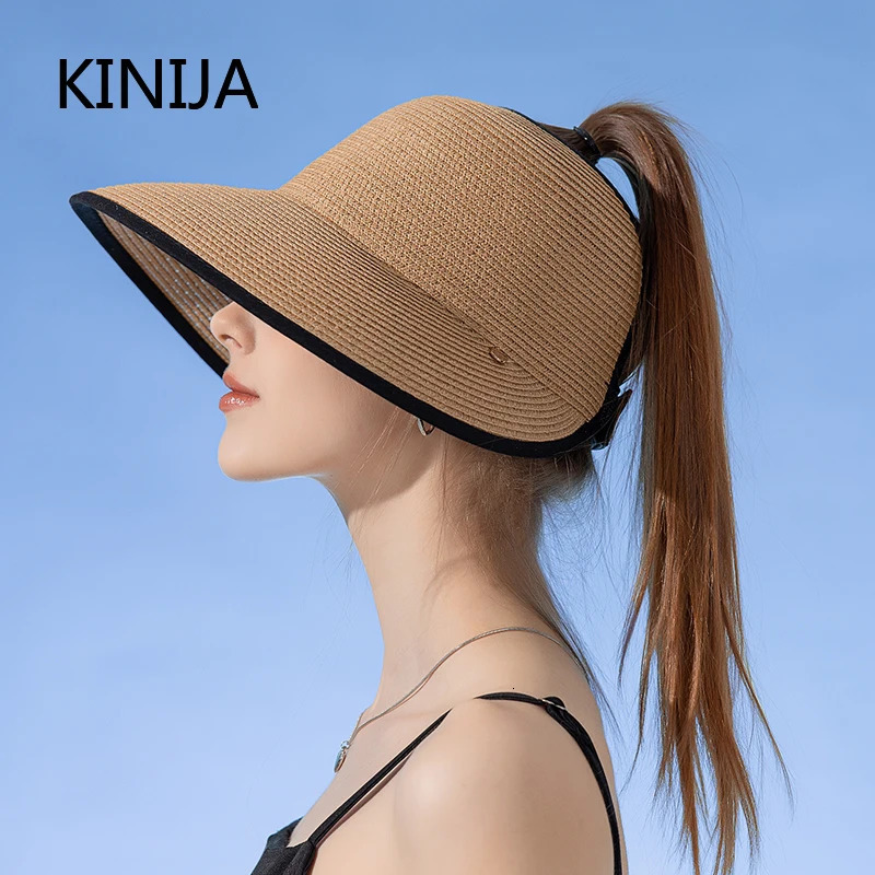 Women Roll Up Sun Visor Wide Brim Straw Hat Summer Hollow Out Dreathable UV Protection Cap for Beach Travel Bonnet Wholesale 250219