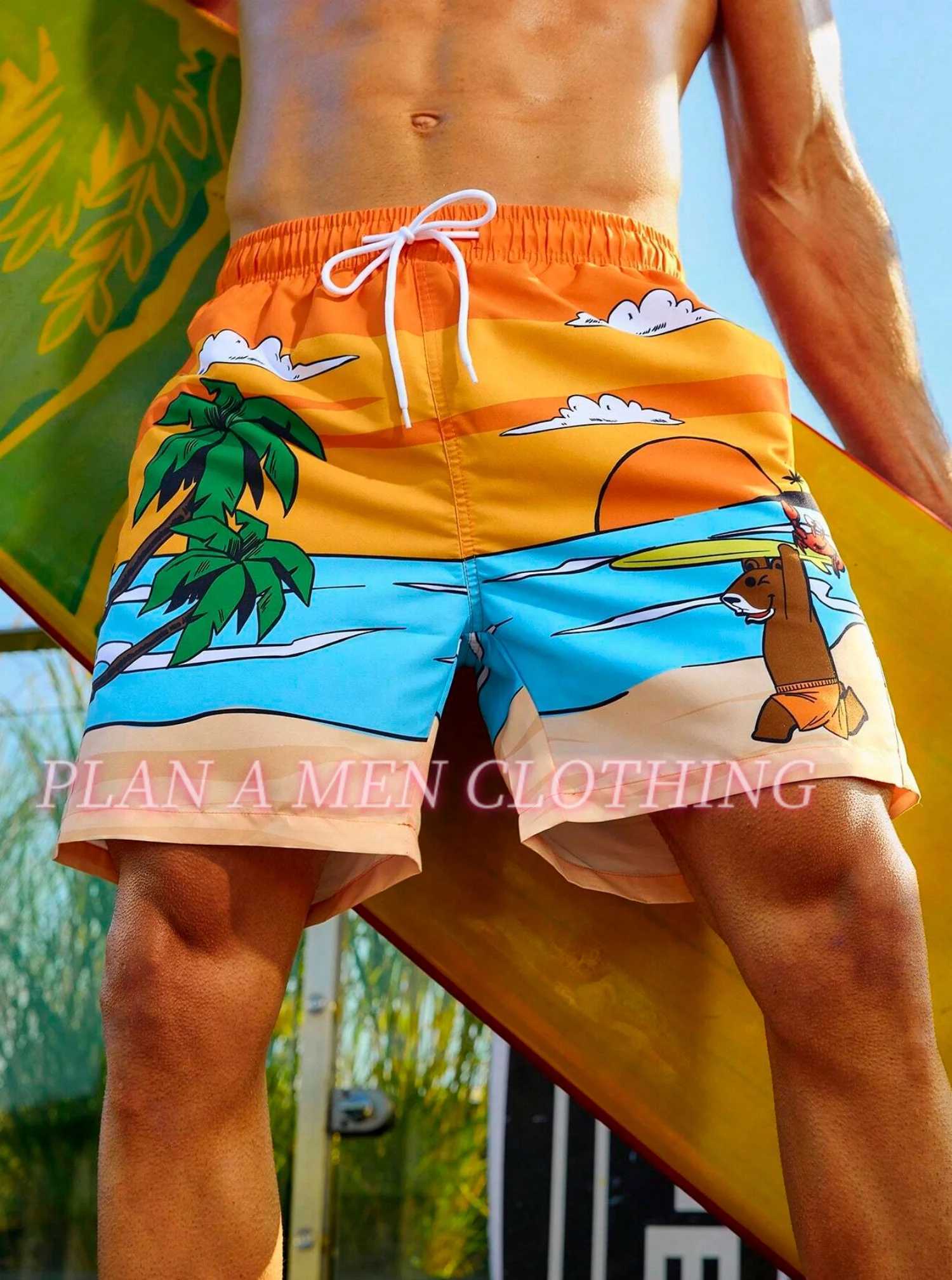Summer Men Bear Print shorts Outdoors Exercise Adult Beachwear Hawaii Casual vacation shorts and surfing shorts men clothing X250220