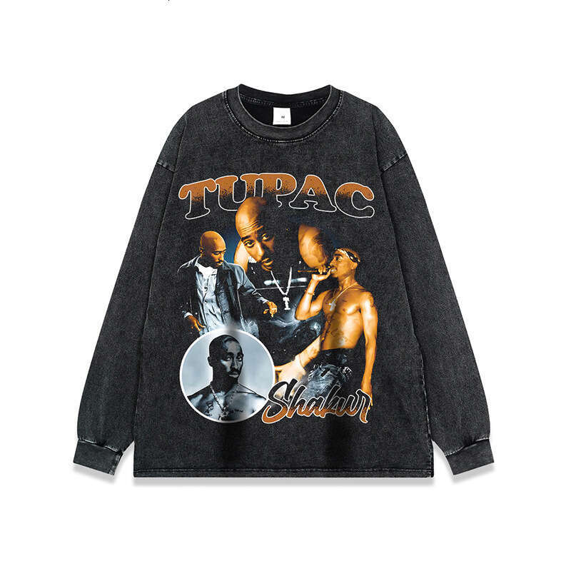 American style high trend rap washed long sleeved T-shirt for men and women hip-hop street distressed casual base t