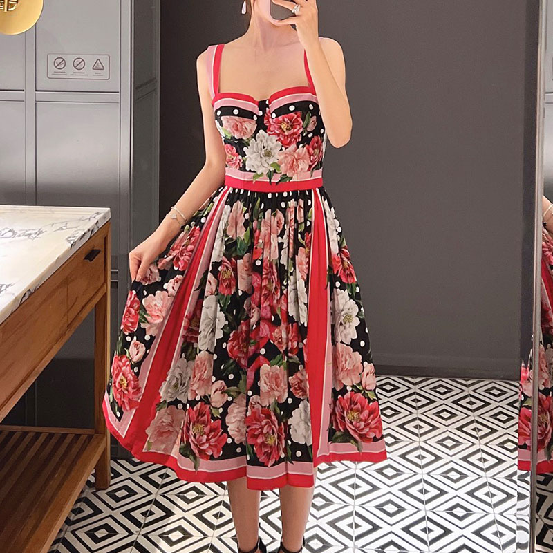 Women's Floral Print Cotton Camisole Dress Vacation Style Knee-Length Strapless Pleated Clothes Waist-Defining Elegant Classic Spring Luxury Desi
