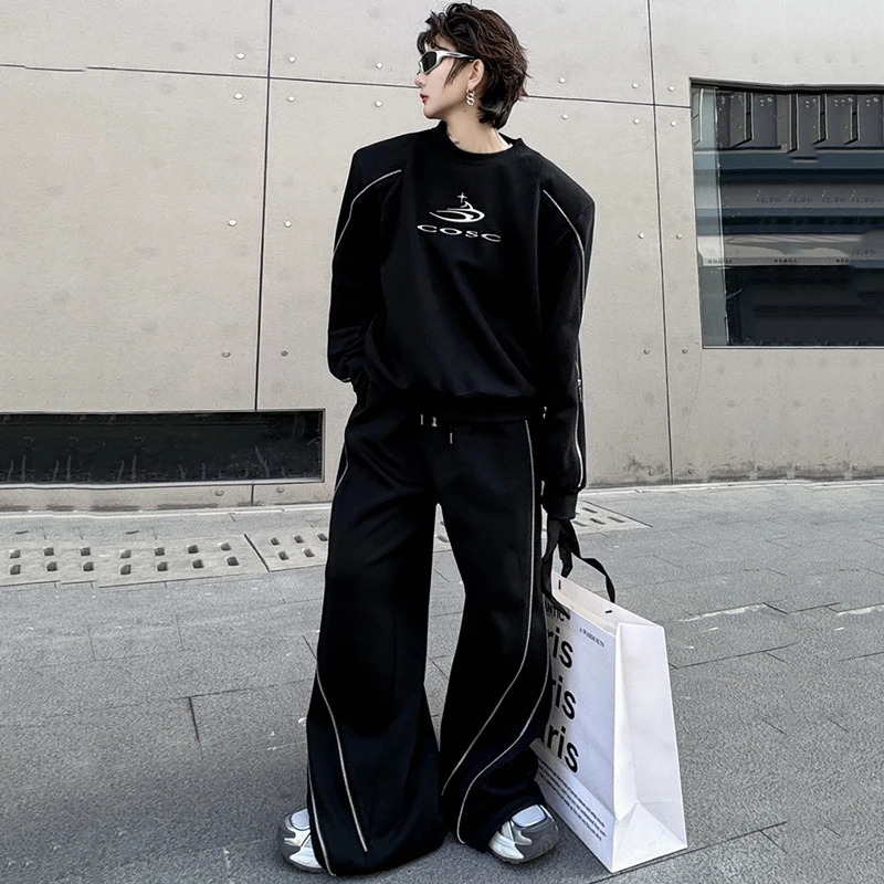 PFNW Mens Two-piece Set Round-neck Long Sleeve Pullover Sweatshirt High Street Wide Leg Pants Zippered Sets 9C4234 250220