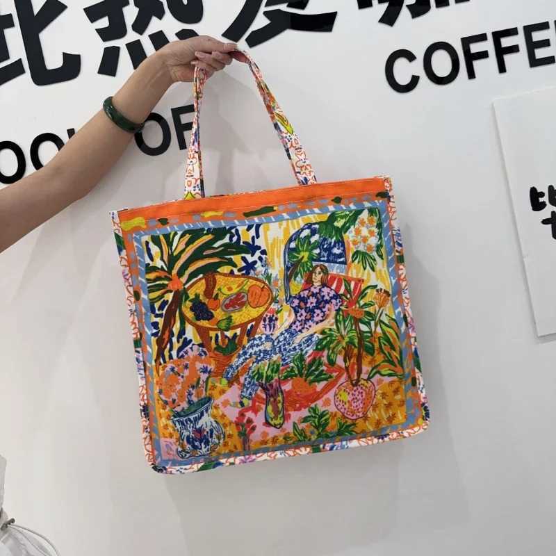 Trendy Canvas Womens Shoulder Bag Graffiti Large Capacity Tote Bag Beauty Afternoon Tea Oil Painting Commuting Vacation Beach Z250219
