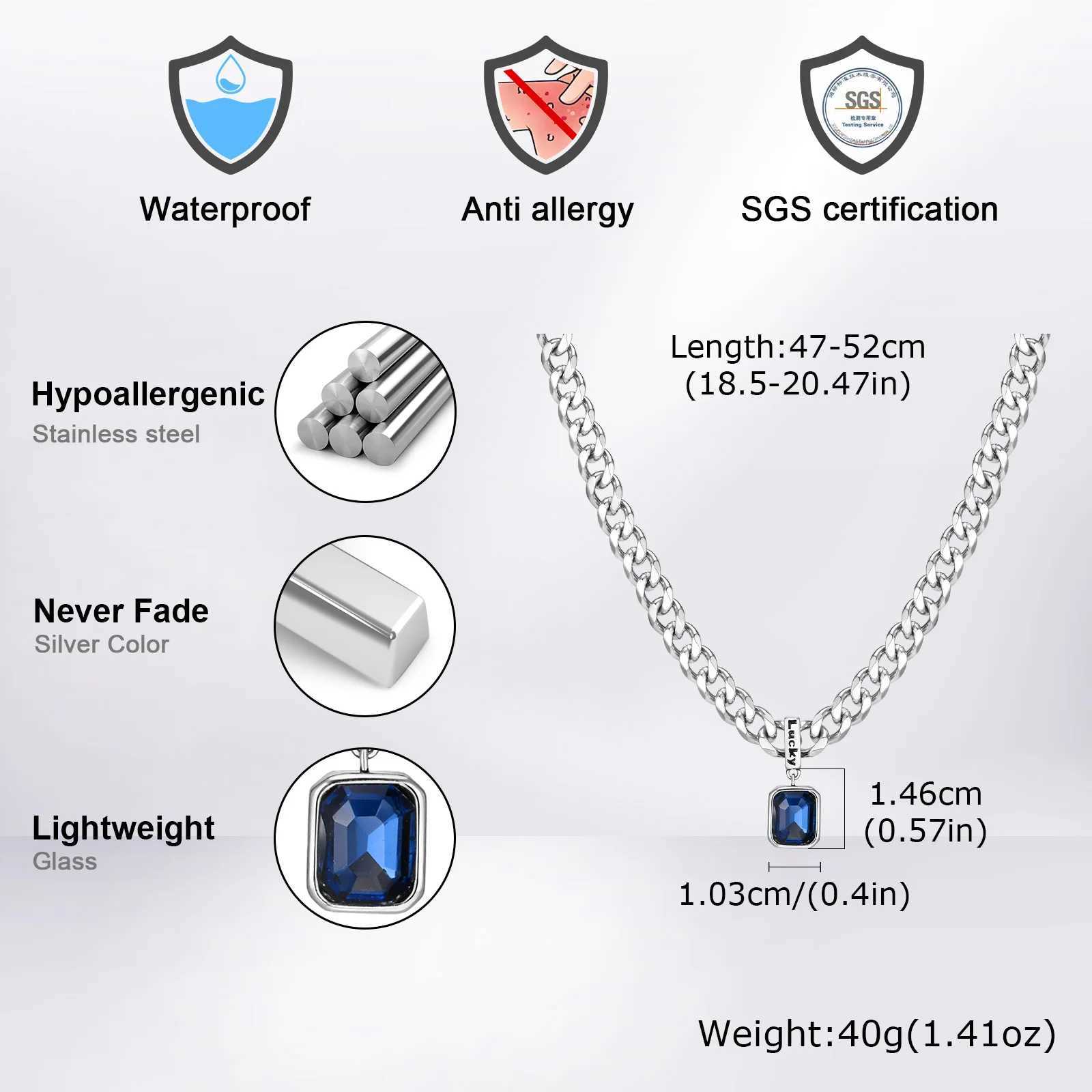Sea Blue Zircon Pendant Necklaces for Men BoysStainl Steel Lucky Words Pendant CollarPunk Hiphop Jewelry Birtay GiftXJ250219