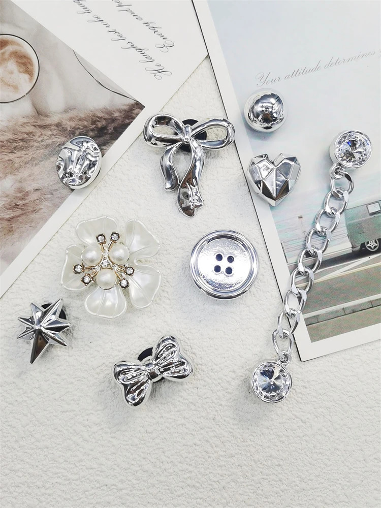 9PCS Shoe Charms ABS Decorations Accessories DIY Clog Buckle Shoes Silvery Bow Chain Ornaments For Lady Bubble Slides 250219