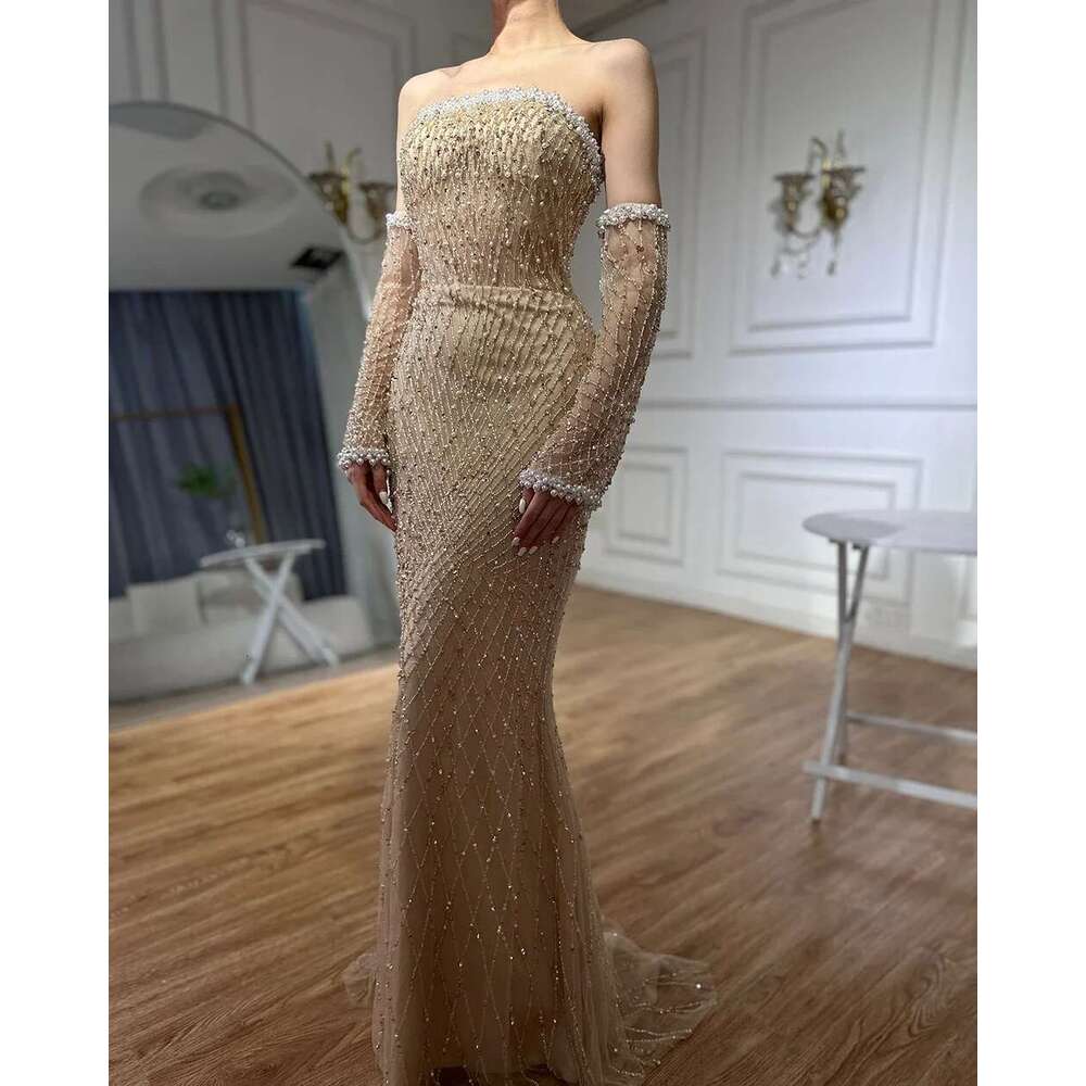 Nude Elegant Arabic Strapless Evening Gown Beaded Dress With Gloves For Formal Ocn Customize BLA mal