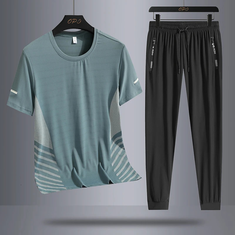 Summer round neck ice silk short sleeved Tshirt and sports pants set quick drying sweat absorption running twopiece 250220