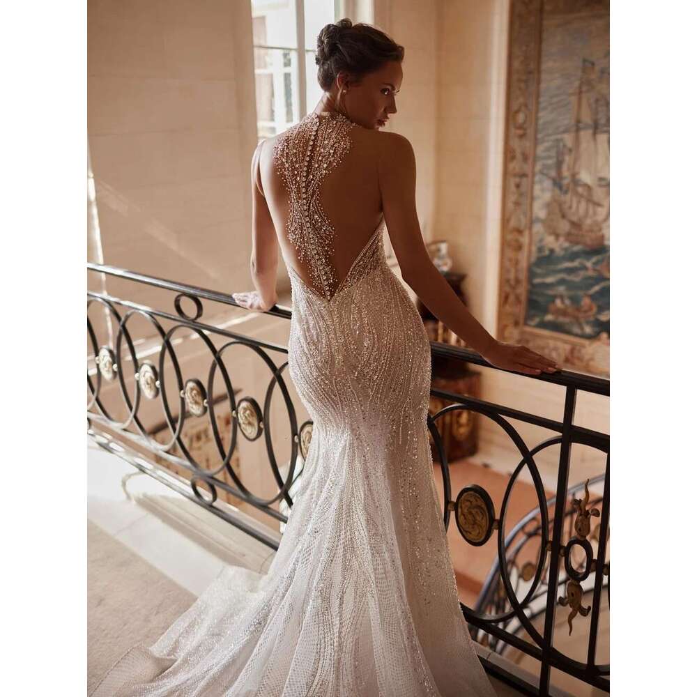 Glitter Sequins Beads Mermaid Long Wedding Dress Sexy Illusion Sleeveless Bridal Gown Customized High Collar Dresses For Bride