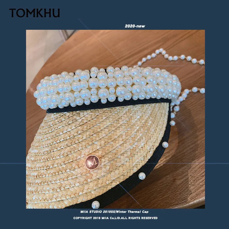 100% Handmade Customize Pearl Empty Top Visor Women Spring Summer Straw Sun Hats Beach Caps for Female High Quality 250219