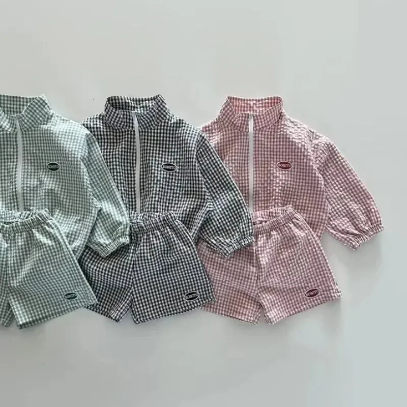 2024 Autumn Boys Plaid Clothes Set Children Sports Wear Boys Spring Long Sleeve Zipper Jacket Shorts Thin Baby Sunshine Sets 250220