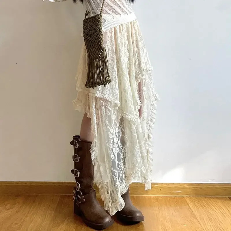 Lace Asymmetric Skirt Fairycore Women Vintage Y2K Boho Aesthetic Fashion High Waist Mid Skirts Lady Holiday Outfits 250220