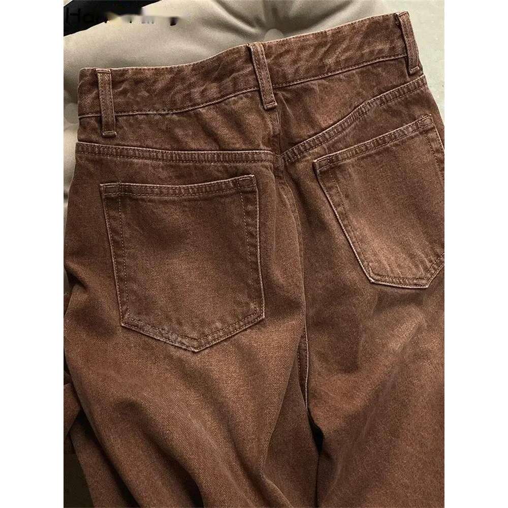 2024 Winter Vintage Casual High Waist Straight Jeans Women Warm Thickened Denim Pants Female Coffee Retro