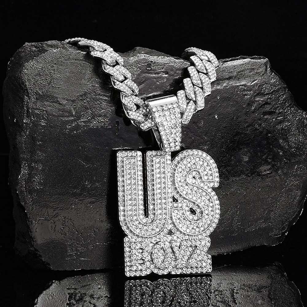 Mens Rhinestone US Boys Letter Pendant Necklace With 13mm d Out Bling Square Cuban Chain Charm Fashion Hip Hop Men JewelryXJ250219