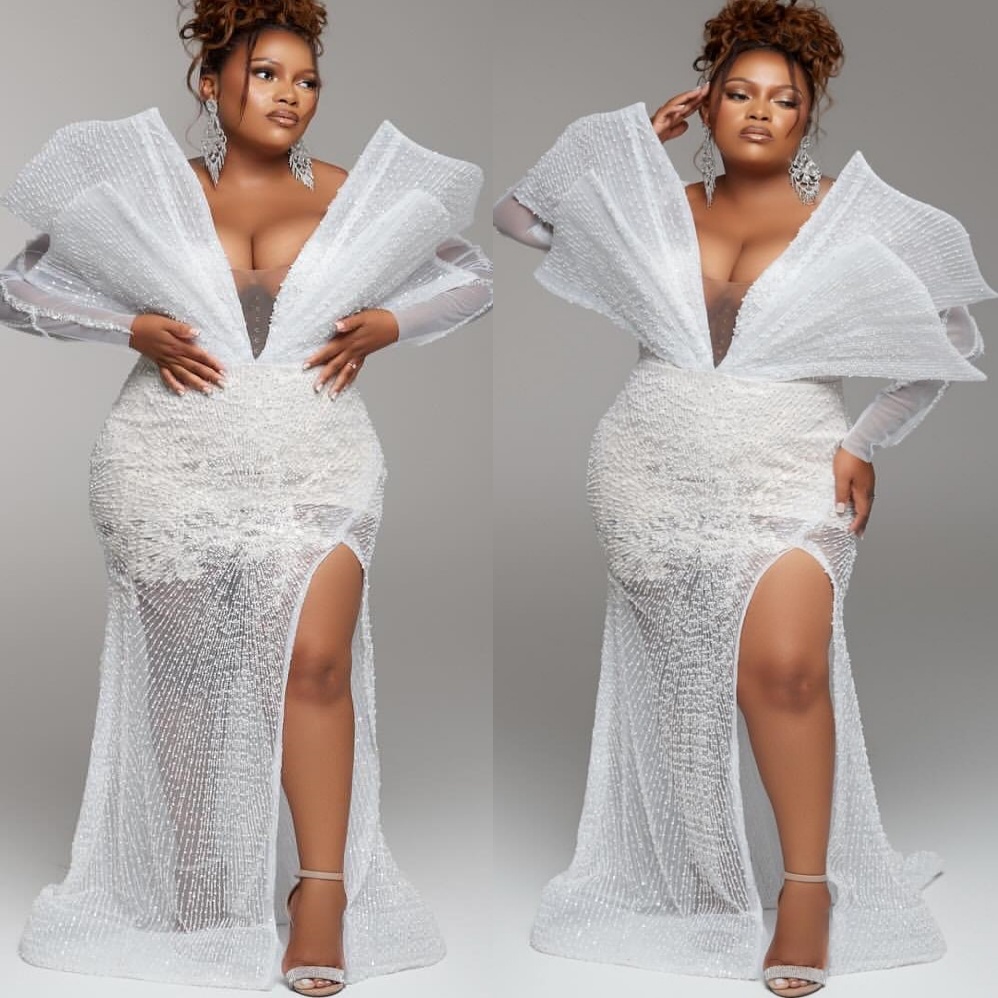 White Mermaid Prom Dresses 2025 Stylish Full Sleeves Sequined Lace Evening Formal Party Second Birthday Engagement Gowns Plus Size Dress For Special O