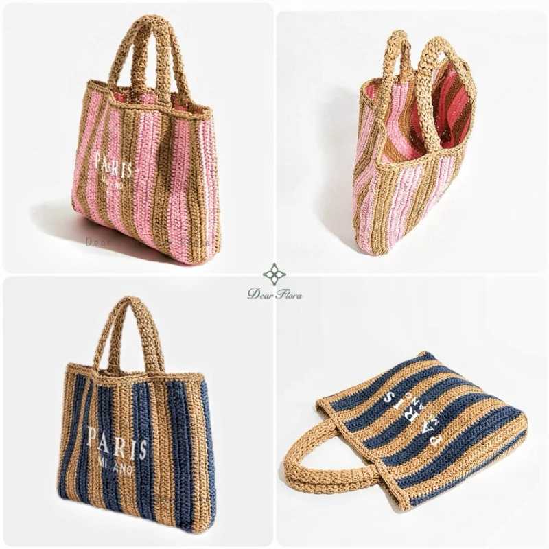 Women Fashion Striped Summer Beach Straw Knitting Shoulder Bag Hollow Out Handwoven Handbags Portable Large Capacity Casual Tote Z250707