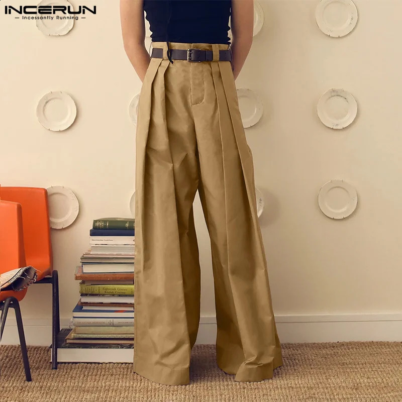 INCERUN Mens Wide Leg Pants Solid Color Button Joggers Loose Pleated Casual Trousers Men Streetwear Fashion Long Pants S-5XL 250220