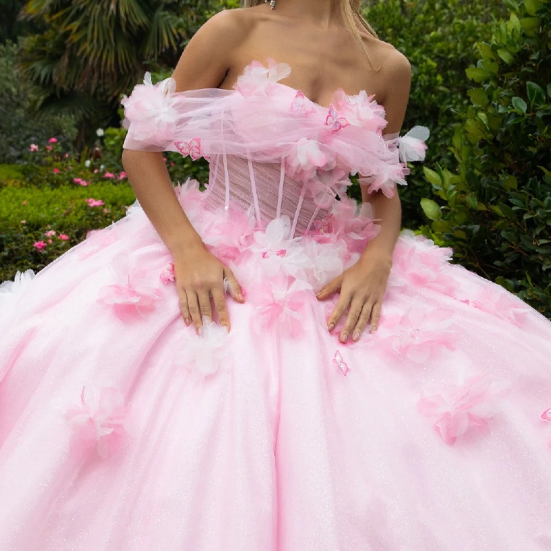 Pink Shiny Quinceanera Dresses Ball Gown Off Shoulder Flower Bow Tull Corset Sweet 16 Dress Vestidos 15 De Anos