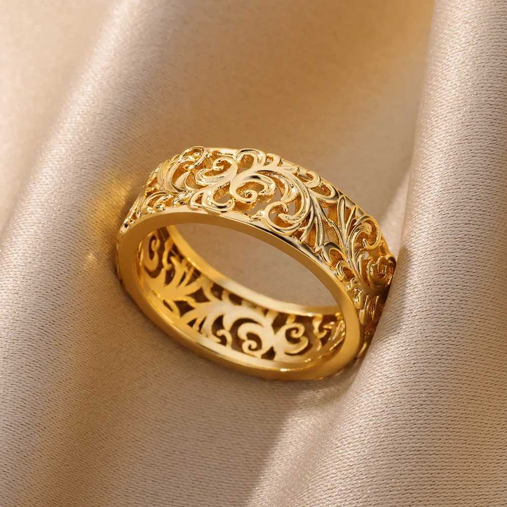 Hollow Flower Rings For Wen Gold Color Stainless Steel Ring Fem Engagement Wedding Party Finger Jewelry Gift 2024 Trend X250220