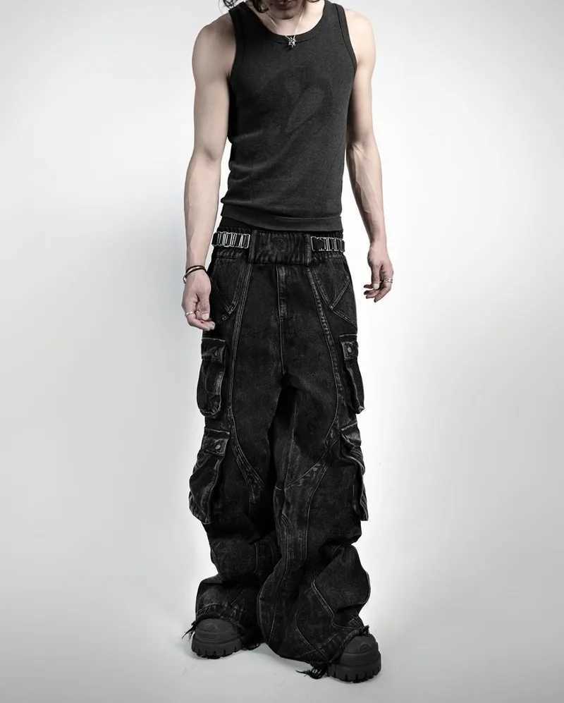 Streetwear New Fashion Old Washing Heavy Industry Big Pocket Black Baggy Jeans Men Y2K Rock Hiphop Dark Casual Wide-leg Trousers X250220