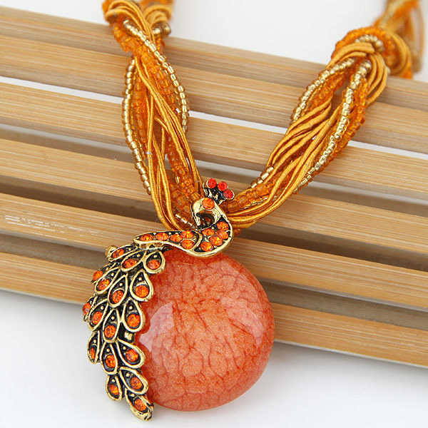 Pendant Necklaces Bohemian style tassel peacock temperament womens rice bead necklace sweater chain H25219