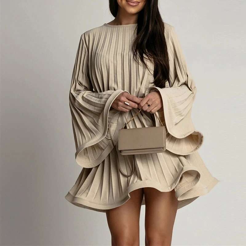 2025 08 New Spring Summer Elegant Fashion Solid Round Neck Flared Sleeve Lace-Up Pleated Mini Dress Women