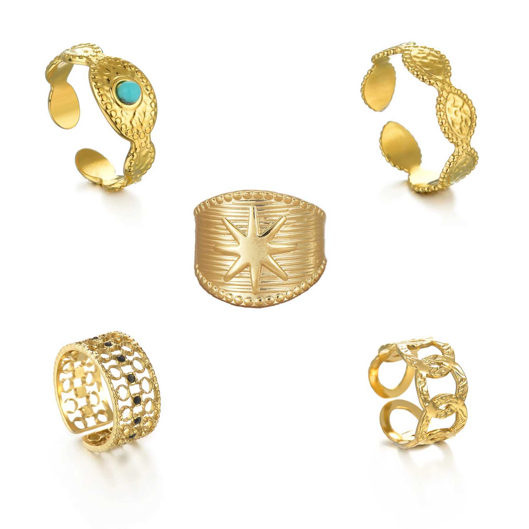 5 pieces French Style Vintage 14K Gold-plated Ring Stainless Steel Opening Adjustable Ring Trendy for Wen Jewelry Party Gifts X250220
