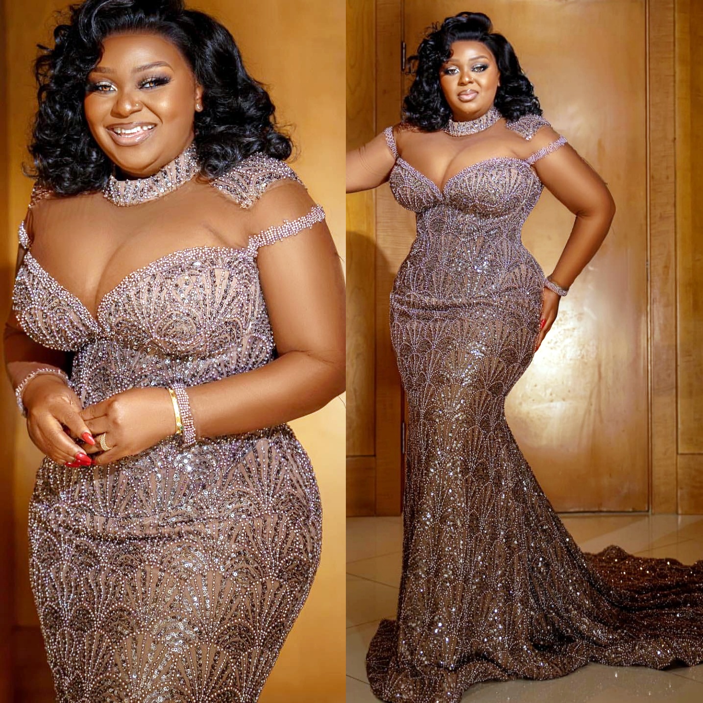 Brown Mermaid Prom Dress With Illusion Sleeves & Sequined Beading - Evening Formal Party Gown For Special Ocns