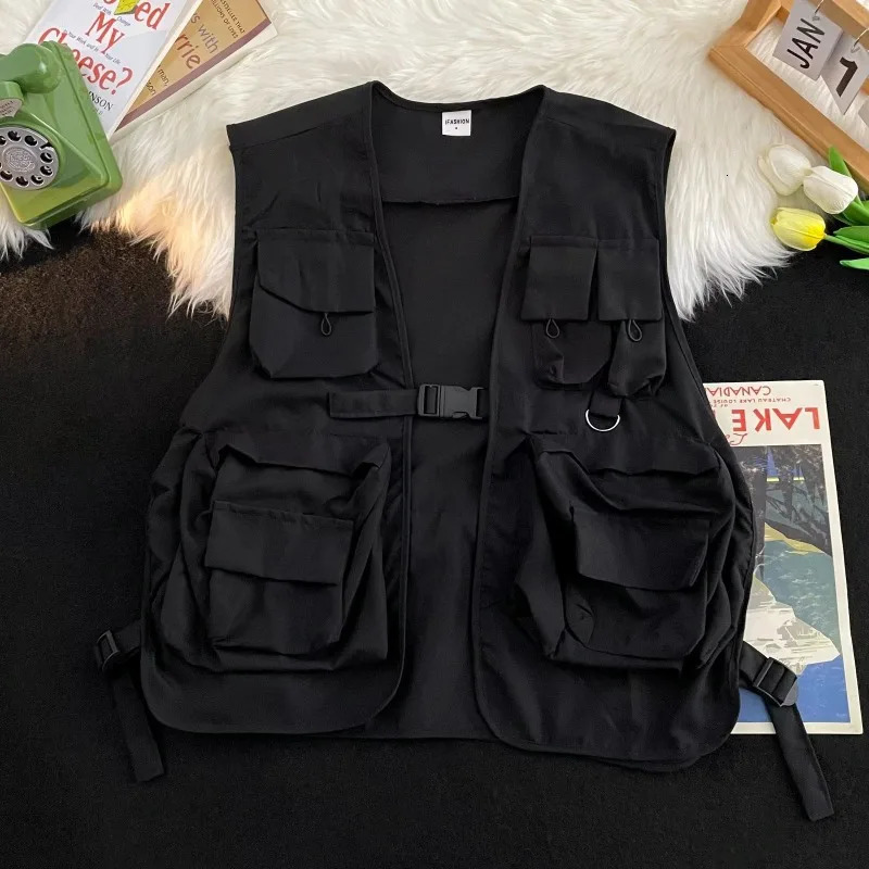 Vests Women Solid Pockets All-match Special Unisex Simple Cool Japanese Style Leisure Vintage Attractive Spring Students Young 250219