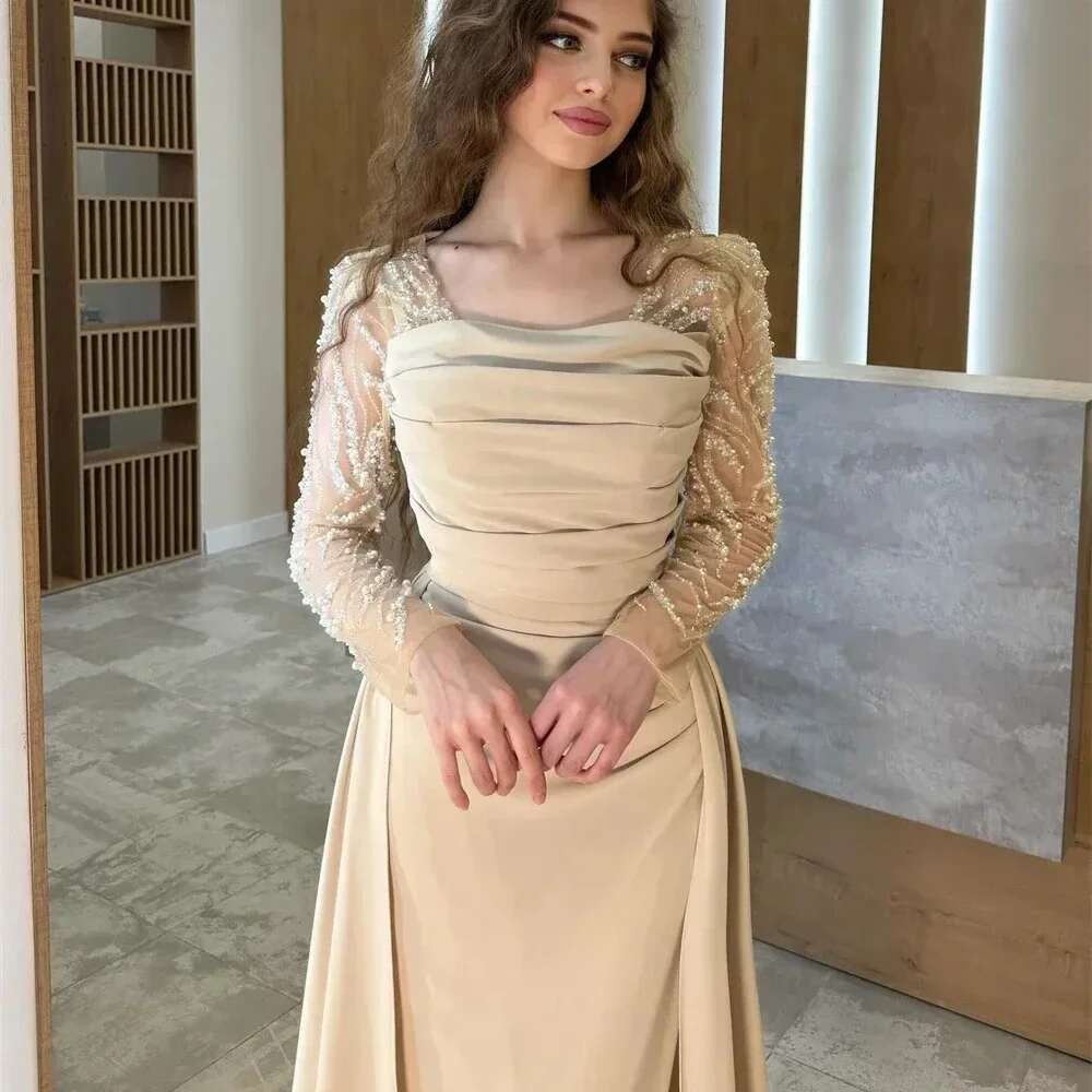 Custom Prom Dresses Women Dress Formal Square Collar Column Floor Length Skirts Shirted Draped Beads Pearl Tailored
