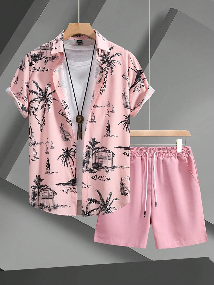 Hawaiian Coconut Tree Print Mens Shirt Summer Short Sleeve Tops Beach Shorts 2 Piece Sets Casual Vacation Style Outfit Clothing 250220