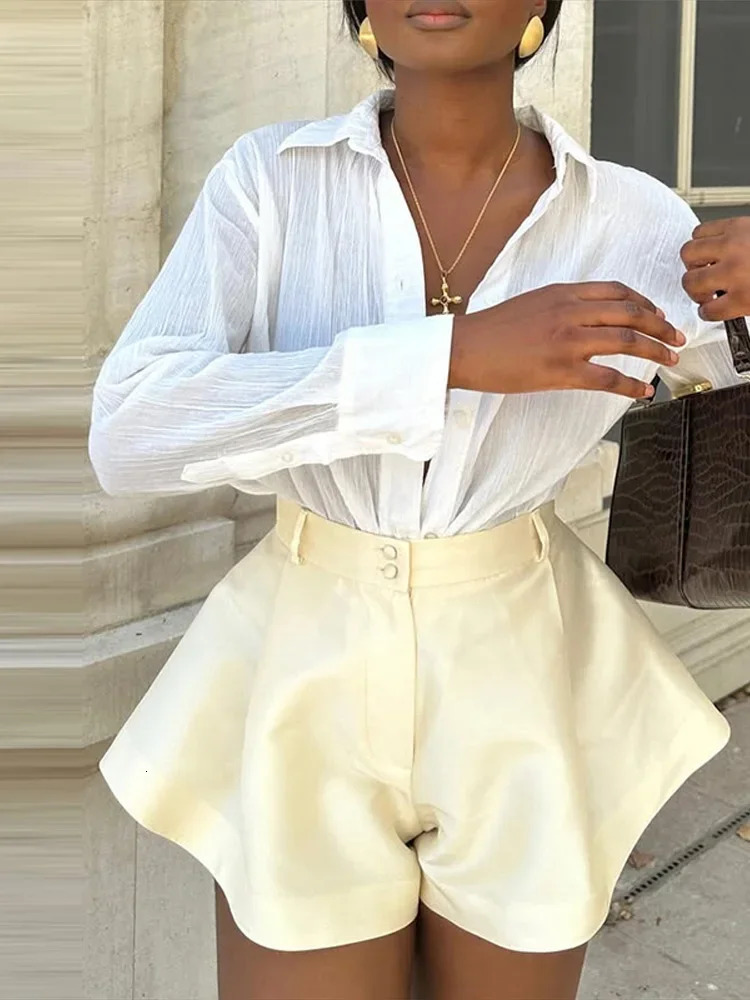 Casual High Waist Solid Silk Lady Short Pants Chic Wide Leg Shorts for Women Spring Female Loose All-match Pants Streetwear 250219