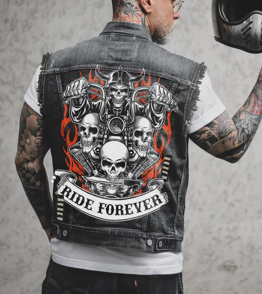 Mens Spring And Summer Four Seasons -selling Street Riding Motorcycle Peng Skull Print Sleeveless Vest Denim Jacket 250219