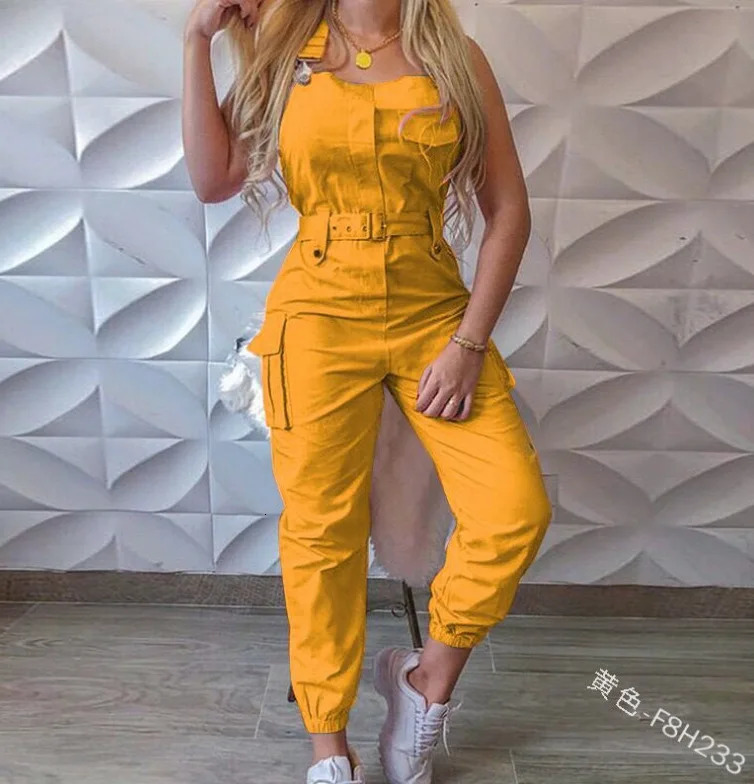 Autumn Womens Clothing Bodysuit Jumpsuit Simple Zipper Cargo High Waisted Conjoined Body Pants Sleeveless Strap Trousers 250220